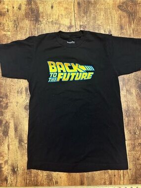 Back to the Future Unisex Black Graphic Tee with Yellow/Blue Logo - Small